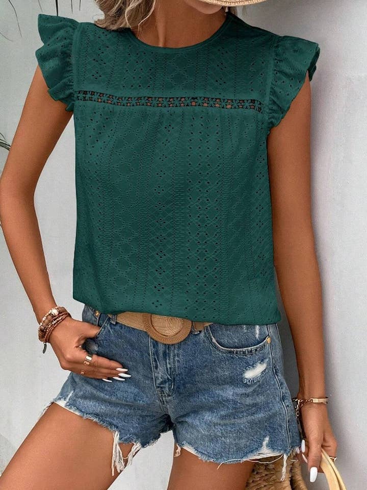 NINEXIS - Wholesale Blouse - Women's - CWTBLS0605_ ROUND NECK LACE RUFFLE SHORT SLEEVE BLOUSE TOP4