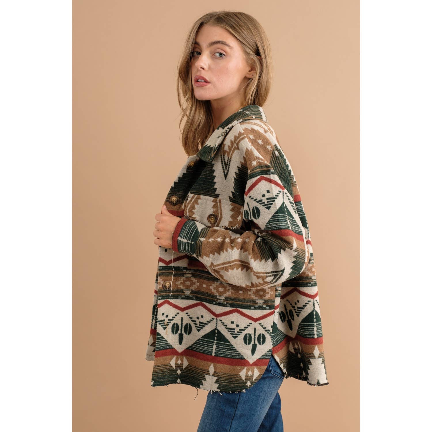 Sweet Generis – wholesale Shirt Jacket/Shacket - Women’s – TRIBAL AZTEC PATTERN BUTTON DOWN SHIRT JACKET17