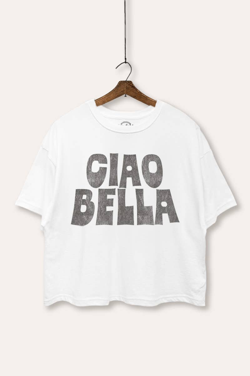 VINTAGE POINT USA - Wholesale Screen Printed T-Shirt - Women's - "CIAO BELLA" TYPOGRAPHY GRAPHIC BOXY CROP TOP3