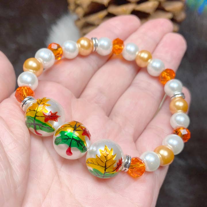 Fall Autumn Sunflower Pumpkin Maple Leaf Stretch Bracelet for wholesale by Fiona Accessories