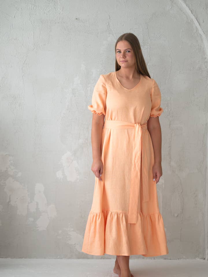 Linen Dress CW023 In Peach Colour (3583) for wholesale by Unique Linen