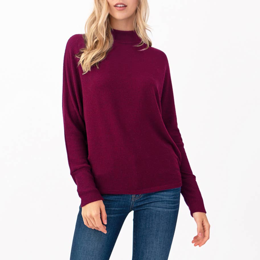 Heimious - Wholesale Knit Top - Women's - Mock Neck Long Dolman Sleeve Ribbed Knit Top, T2611