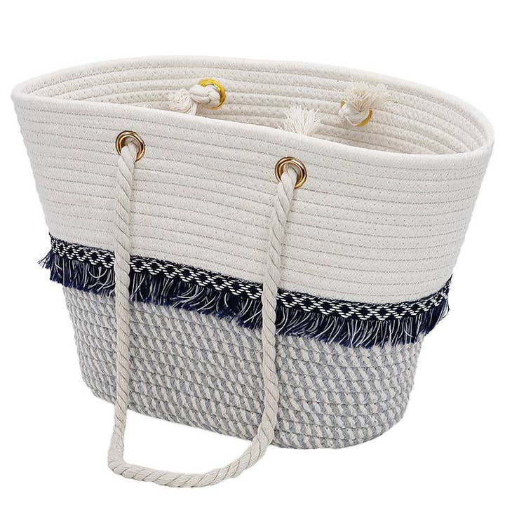 Cap Zone - Wholesale Beach bag - Two Tone Fray Trim Thick Braided Boat Beach Tote