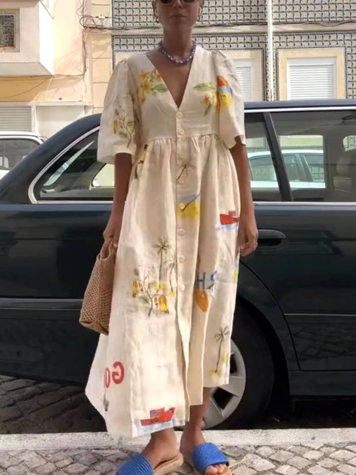 Apricot Fashion Print V-Neck Cute Loose Dress for wholesale on Faire