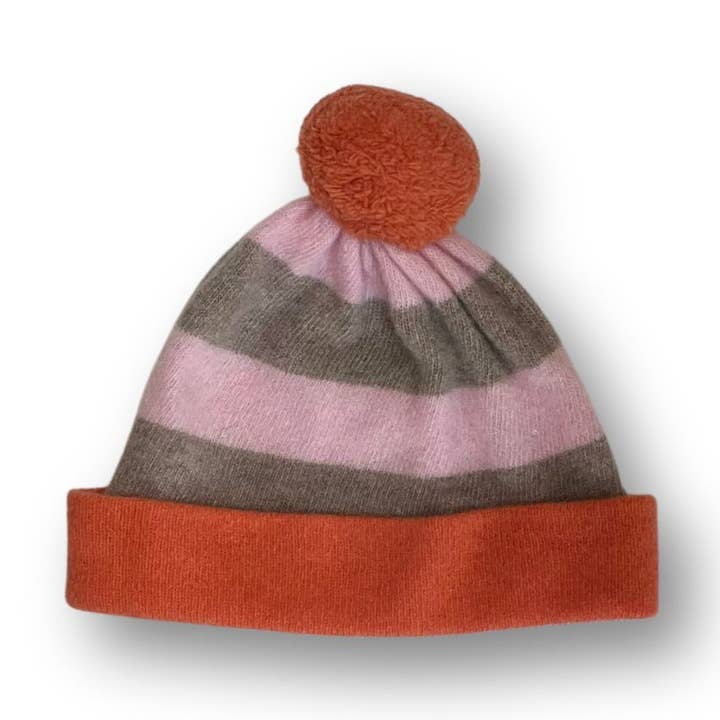 Merino Orange Pink Mushroom Stripe Beanie Hat for wholesale by Penny Grace Knitwear