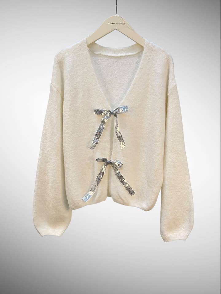 Moov Group - Wholesale Cardigan - Women's - Tie-front cardigan, V-neck, glitter ribbons T005