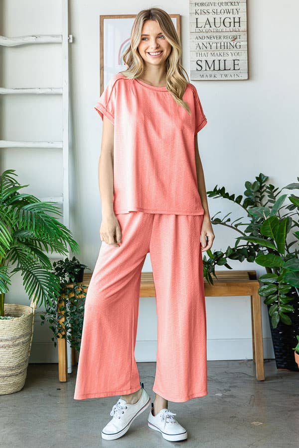 7th Ray - Wholesale Loungeset - Dames - Stevige Getextureerde Korte Mouw Wijde Pijpen Broek Lounge Set TP550411