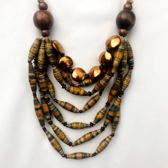 Seven Strand Bronze and Brown Paper Bead Statement Necklace for wholesale by The Paper Beadery