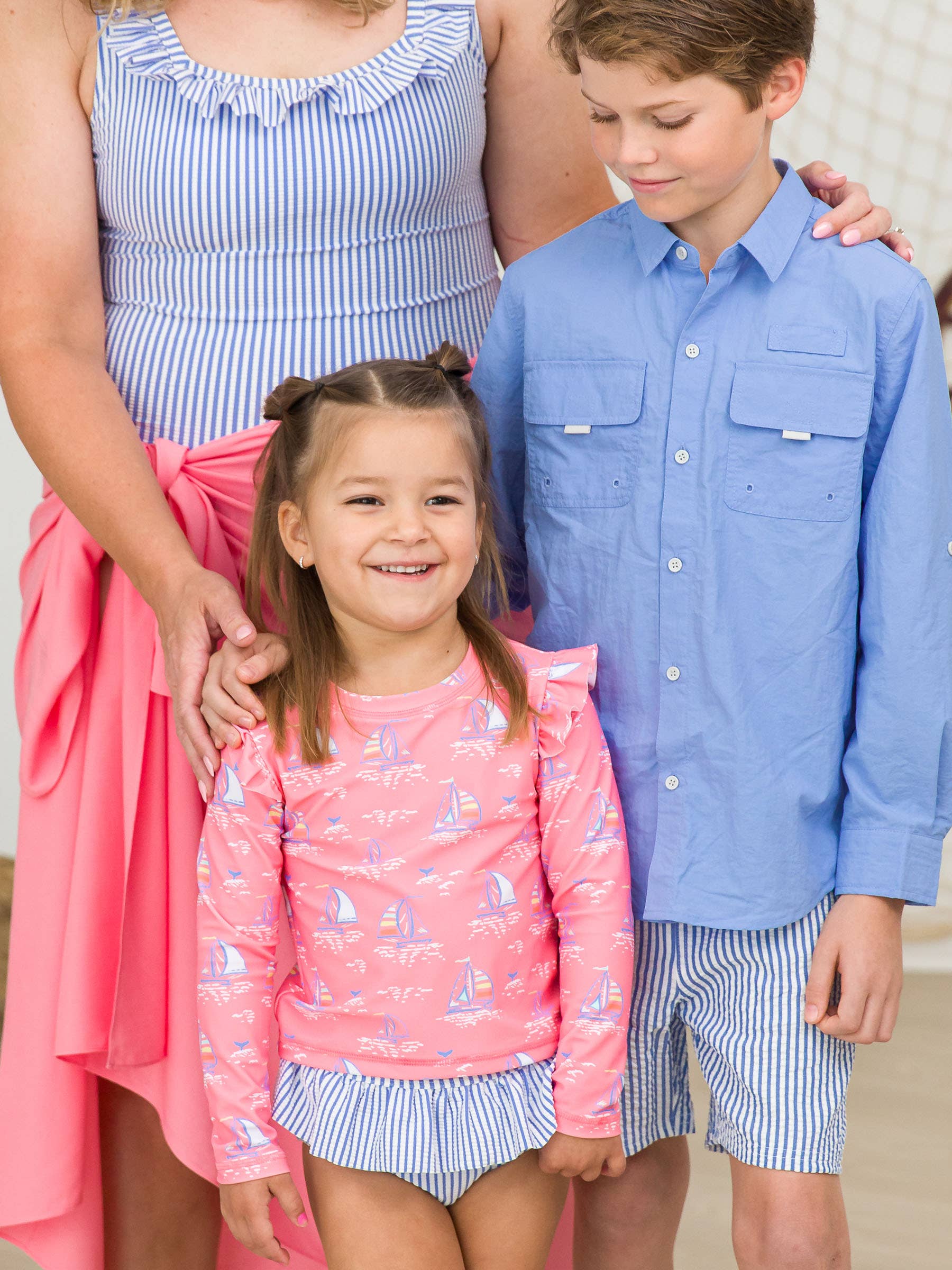 Women's Periwinkle Blue Seersucker Ruffle One Piece Swimsuit for wholesale on Faire6