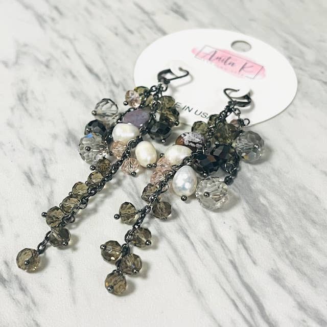 Anita K By Blushing Pink - Wholesale Dangle Earrings - Crystal, Fancy Jasper, & Freshwater Pearl Cluster Dangle 1