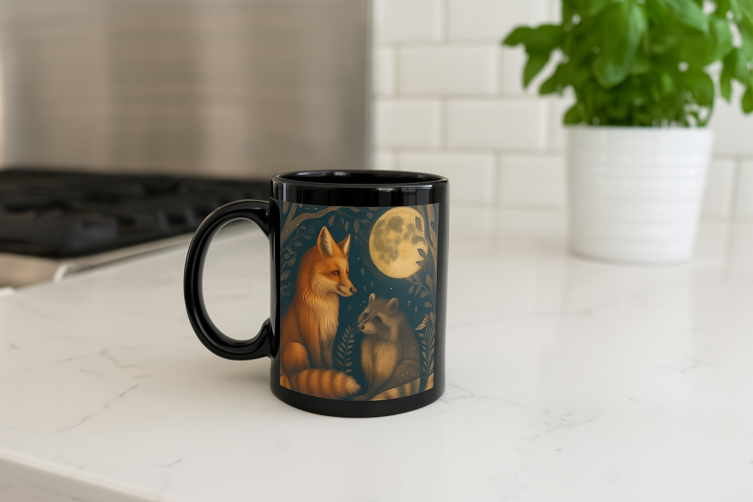 Upside Down Owl Farm - Vente Tasse à café - Tasse Woodland Fox & Raccoon Moon, Mug en céramique noire5