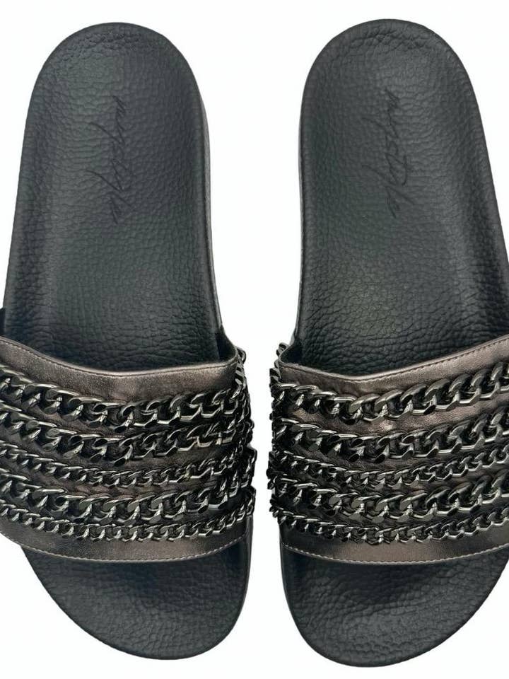 MENS LINK UP GUN METAL CHAIN SLIDES for wholesale by DIVERGENT FOOTWEAR