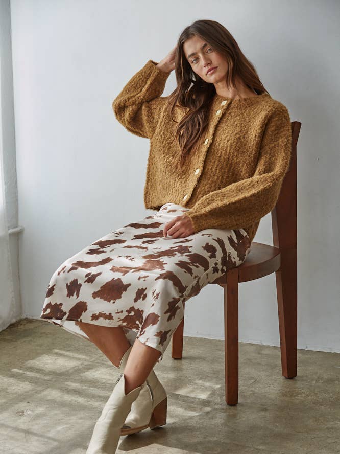 Taupe Multi L9123 | Woven Cow Print Satin Midi Skirt for wholesale on Faire0