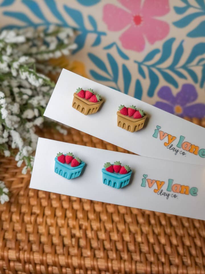 Berry Basket Stud Earrings | Fruit | Polymer Clay Earrings for wholesale by Ivy Lane Clay Co.