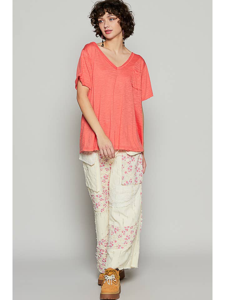 Pol Clothing - Wholesale Tunic - Women's - V-neck short sleeve casual knit chest pocket slub tee SALE