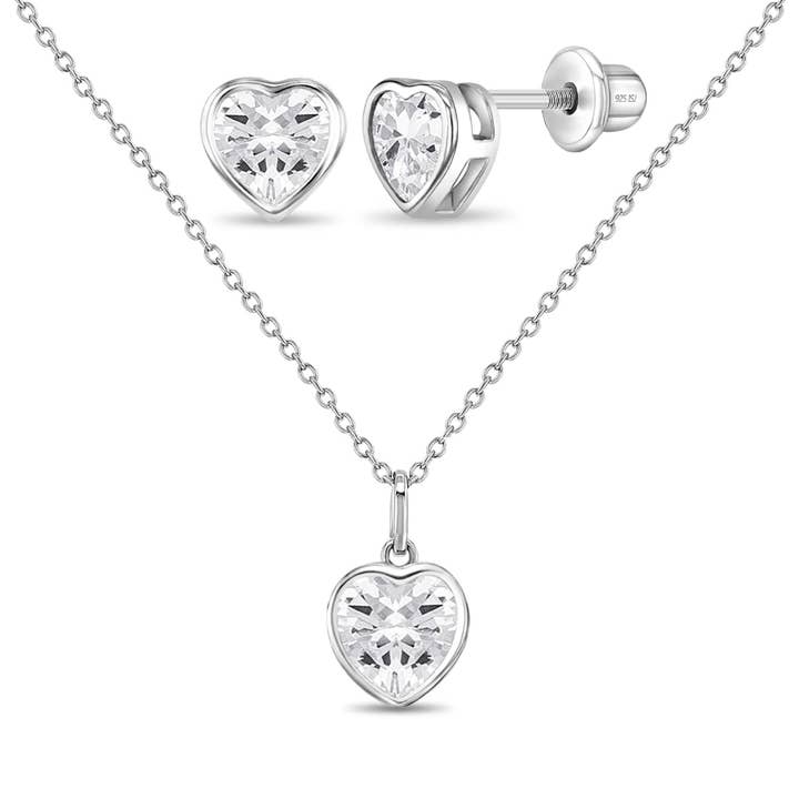 Clear CZ Heart Childs Jewelry Set -Sterling Silver for wholesale by In Season Jewelry