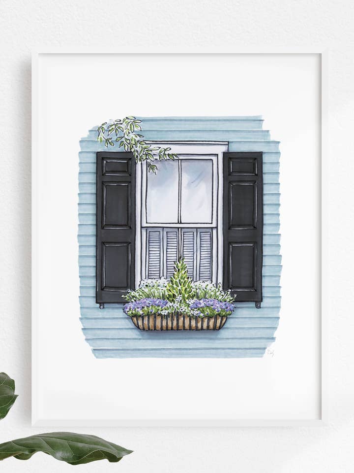 Flower Box Print of Blue House With Purple Flowers for wholesale by Texture Design Co