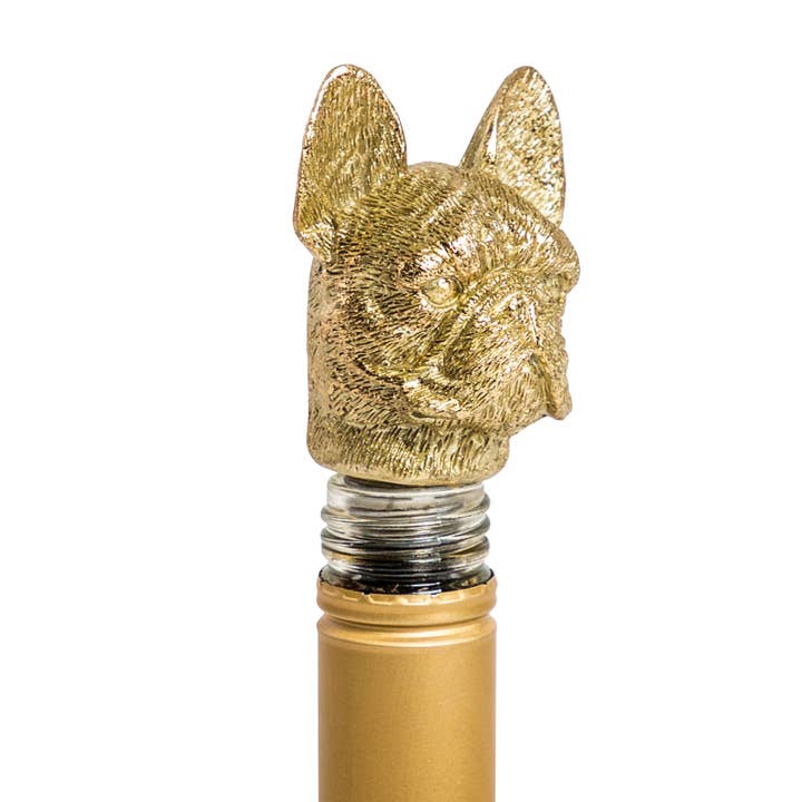 Antique Gold French Bulldog Bottle Stopper for wholesale by McGowan & Rutherford Ltd