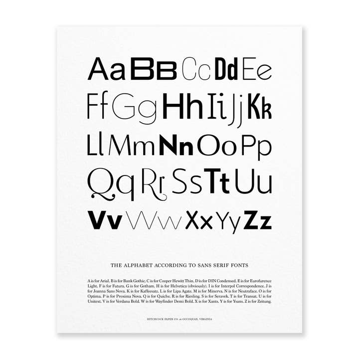 The Alphabet According to San Serif Fonts for wholesale by Hitchcock Paper Co.