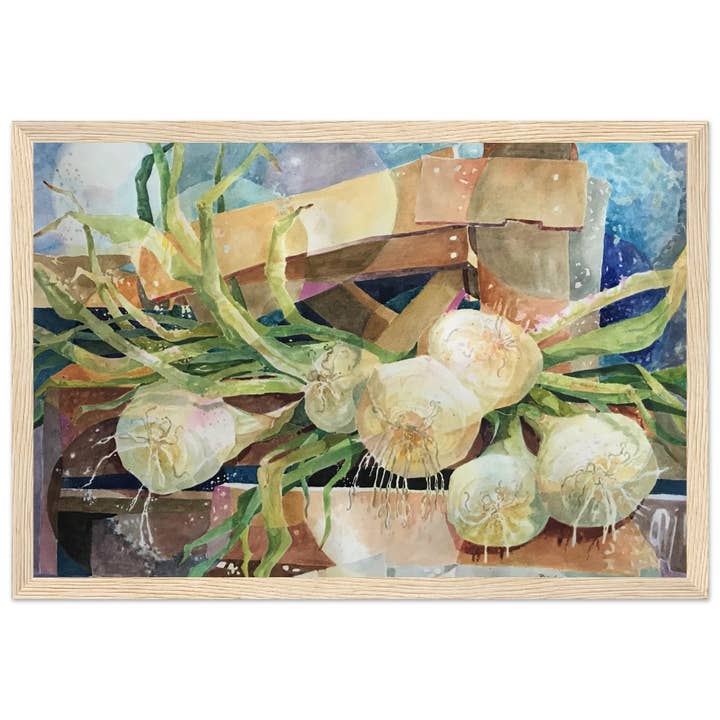 Barbara Cleary Designs – wholesale Konsttryck – "Onions" Stilleben Akvarell | 12x18 Träramad Konsttryck | Originalkonst av amerikanska konstnären Barbara Cleary