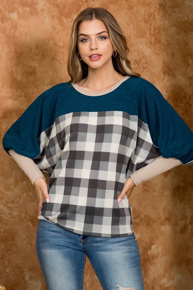 You & Me - Wholesale Blouse - Women's - SALE!!! PPT21075-DOLMAN SLEEVE SOLID CONTRAST PLAID TOP2