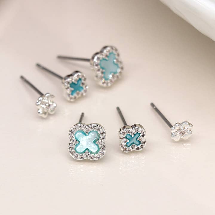 Silver Plated Blue Quatrefoil Triple Stud Set for wholesale by Peace Of Mind
