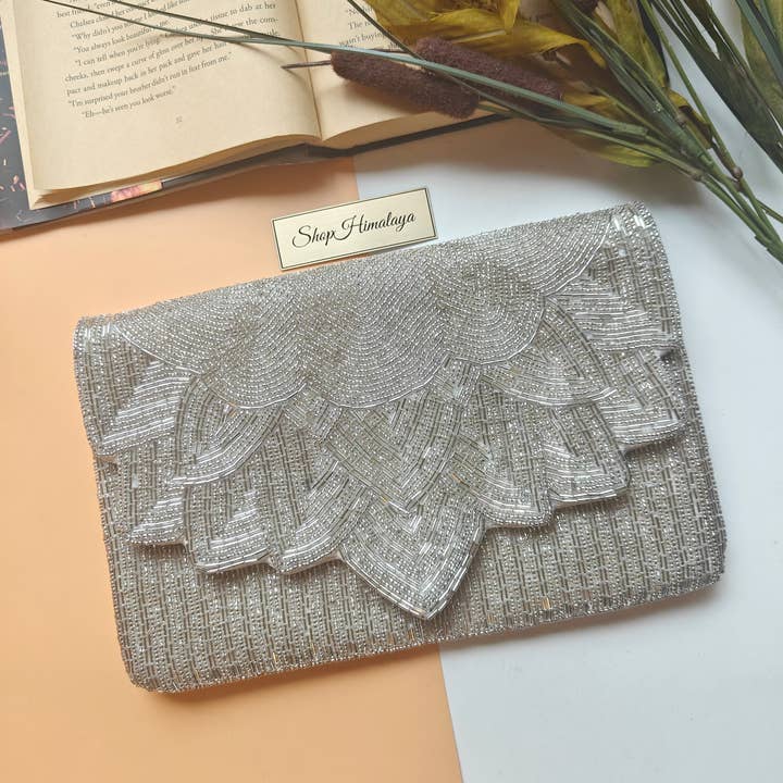 ShopHimalaya - Vente Pochette – femme - Pochette à Perles Argentée | Sac de Soirée Art Déco pour Mariée