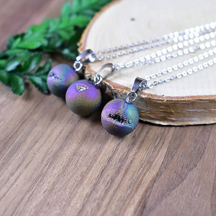 Ewelina Pas Jewelry - Wholesale Pendant/Charm Necklace - Silver Rainbow Titanium Geode Orb Necklace