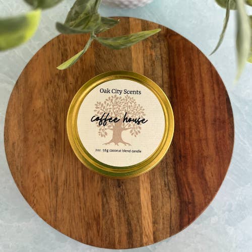 Coffee House 2oz. Gold Tin Candle/ Travel Size for wholesale by Oak City Scents