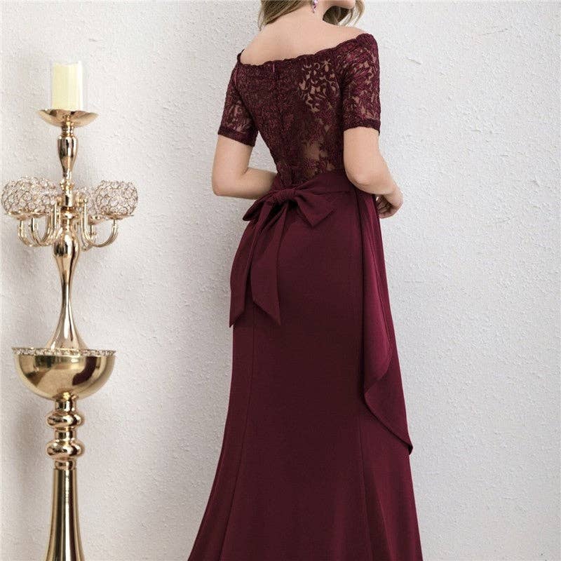 FurDecoration - Vente Robe de soirée – femme - Robe formelle à manches longues et patchwork en dentelle4