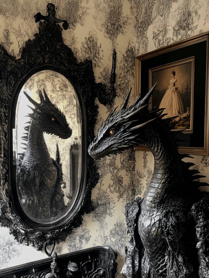 Dark Draco Looking in Mirror - Dragon Wall Art Prints – 8″x10″ Artwork for 11″x14″ Frame for wholesale by Mowbi