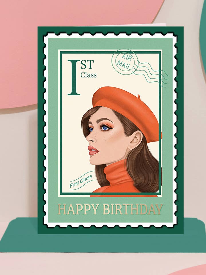 Vintage Retro Postage Stamp foil Birthday Card | The Sophie for wholesale by Pink and Mint Design
