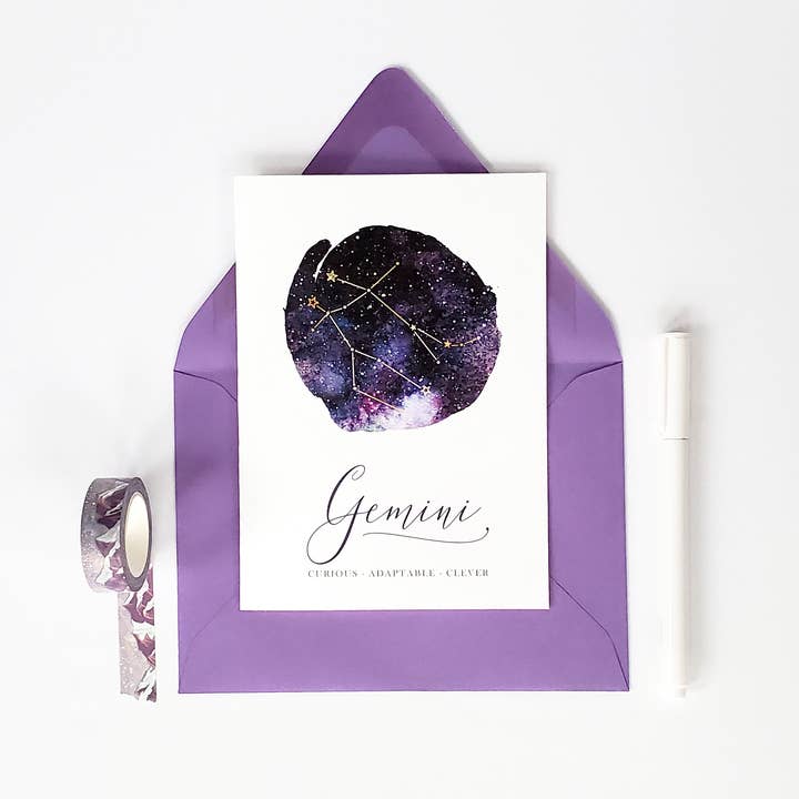 Carte d'anniversaire Gémeaux - Série Zodiaque pour la vente par Lucky Dog Design Co.