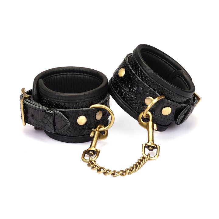 Crocodile Noir: Black Leather Wrist Cuffs for wholesale by Liebe Seele