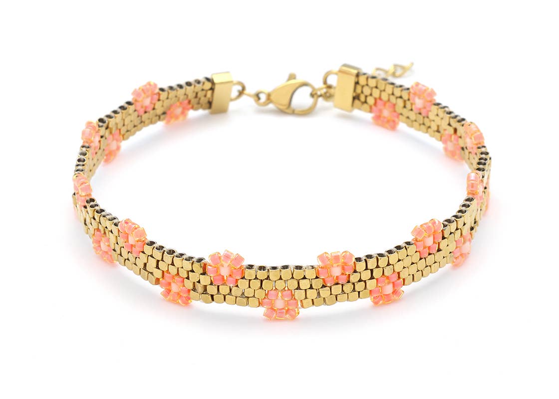 Bijoux 7bis - Vente Bracelet de perles - Bracelet acier tissage perles de verre motifs petites fleurs0