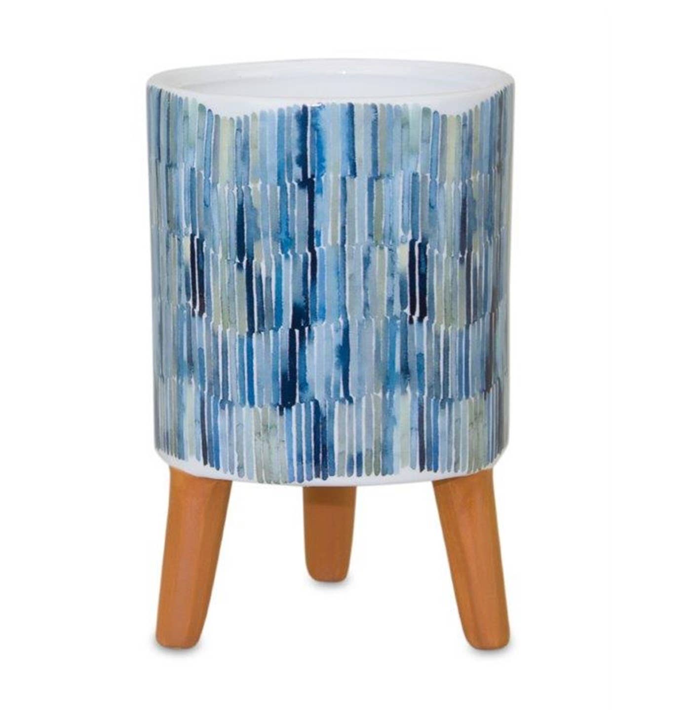 HomeRoots - Vente Pot pour plante d'intérieur - Ensemble de deux pots de fleurs ronds surélevés en céramique blanche et terre cuite bleue de 2 onces4