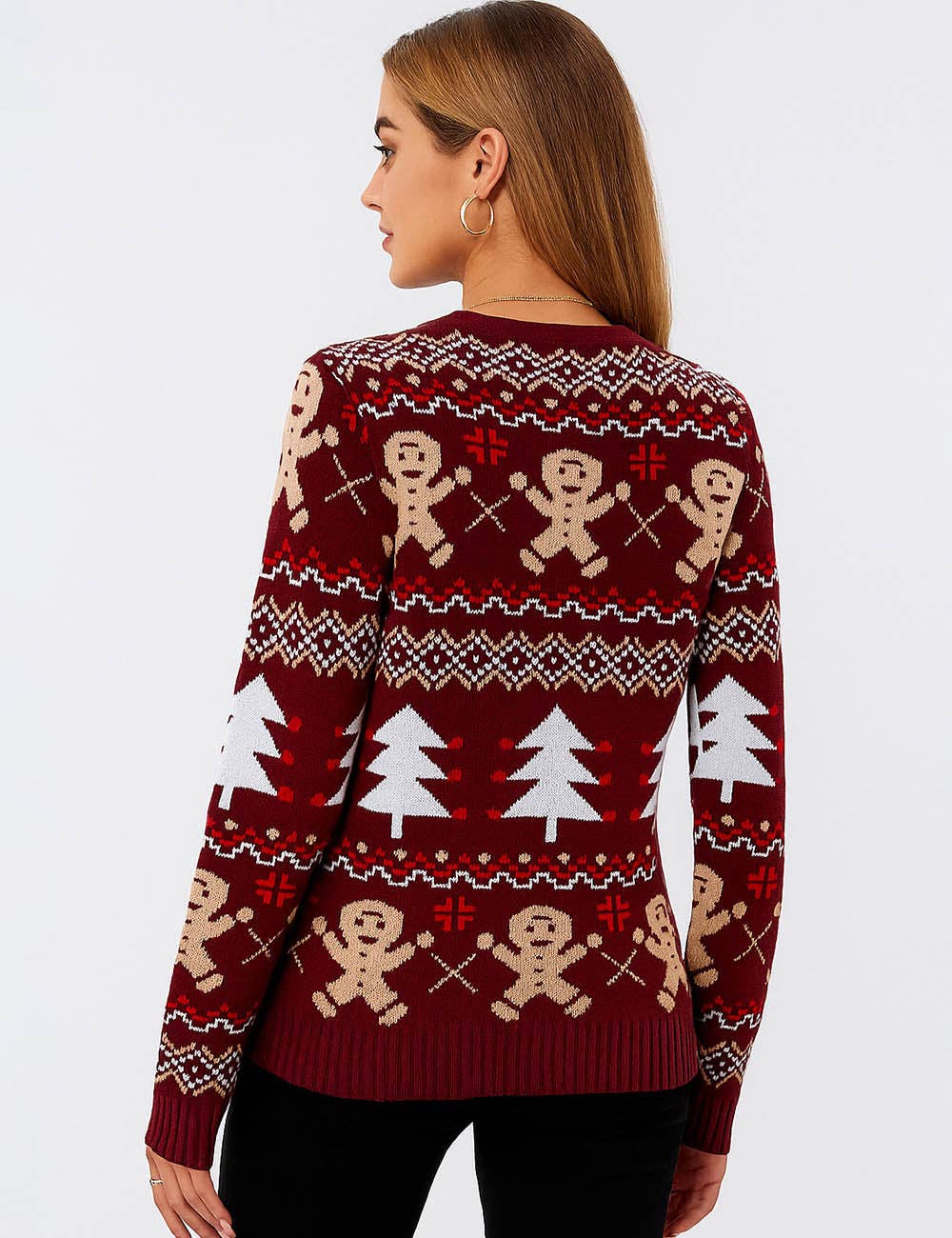 Burgundy Ladies Multi Color Christmas Jacquard Pattern Pullover Sweater for wholesale on Faire4