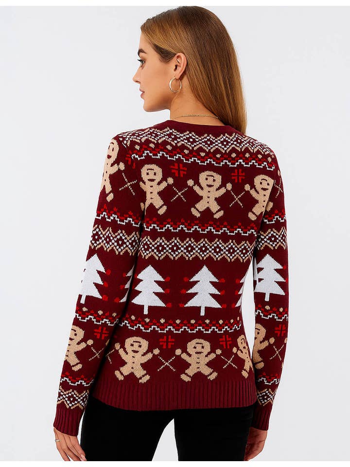 Burgundy Ladies Multi Color Christmas Jacquard Pattern Pullover Sweater for wholesale on Faire4