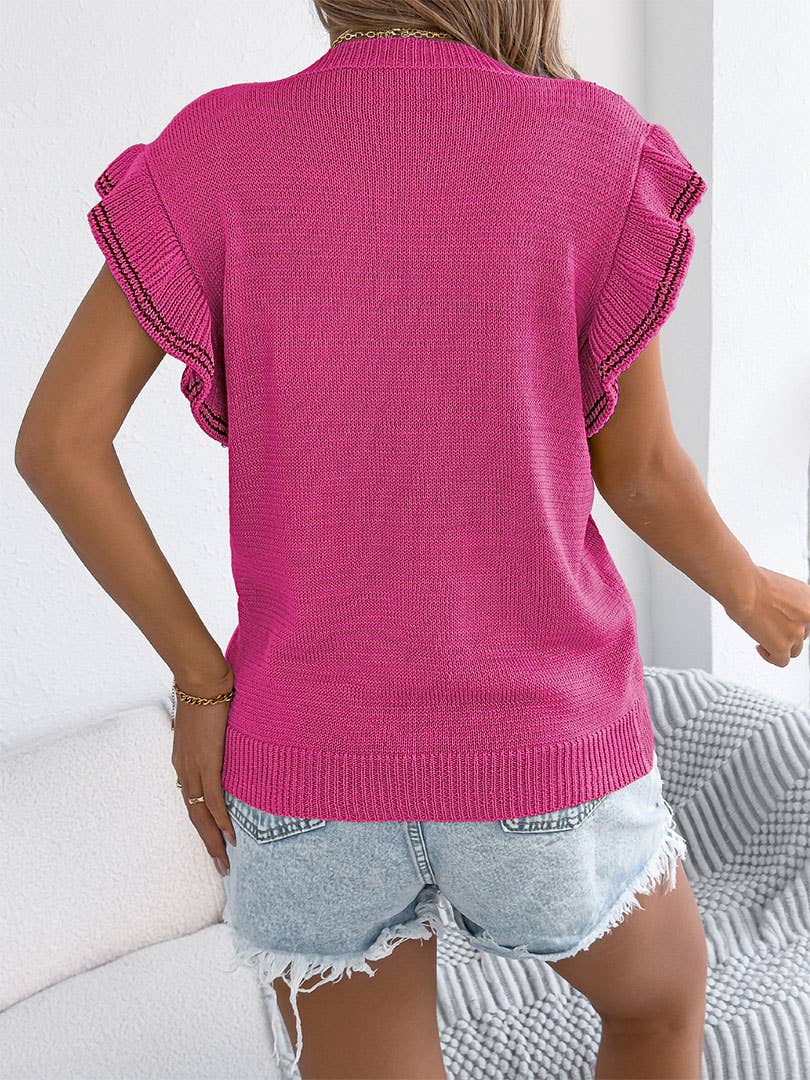 UNISHE – wholesale Blus - Dam – Stickad topp med urholkad kabel och kontrasterande volangkant BJS2097