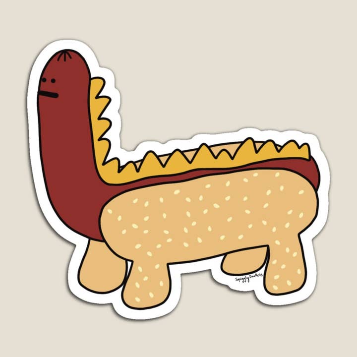 Hotdogosaurus Funny Hotdog Dinosaur Vinyl Sticker for wholesale by SquigglyDoo Arts