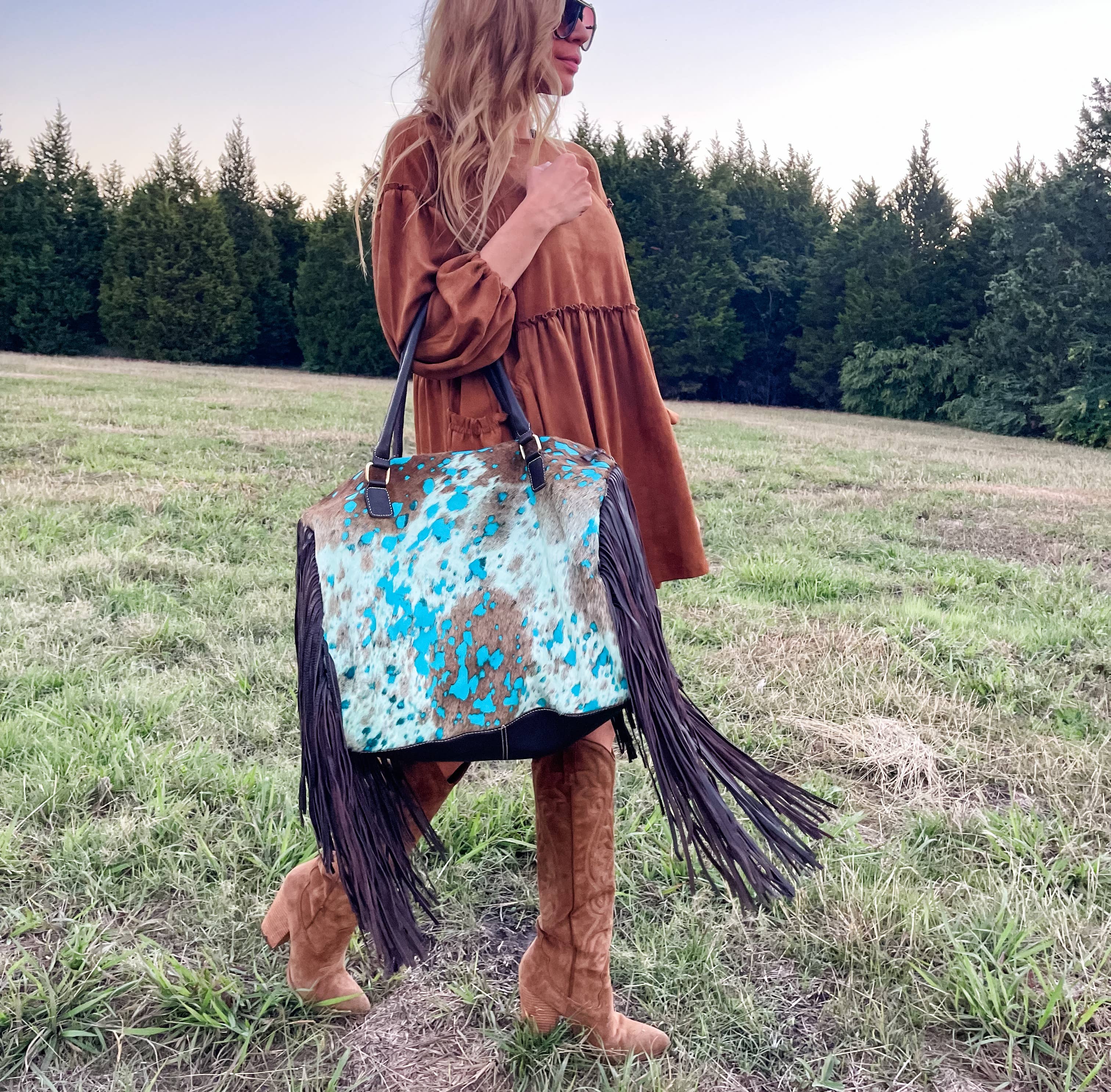 Boho Ranch Shop - Wholesale Weekender Bag - Women's - XL Duffle Bag - Leather HairOn Cowhide Travel Weekender8