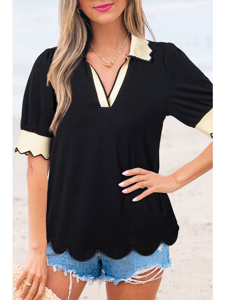 Comme indiqué Blouse à col en V contrasté avec manches bouffantes | S-XL en vente sur Faire