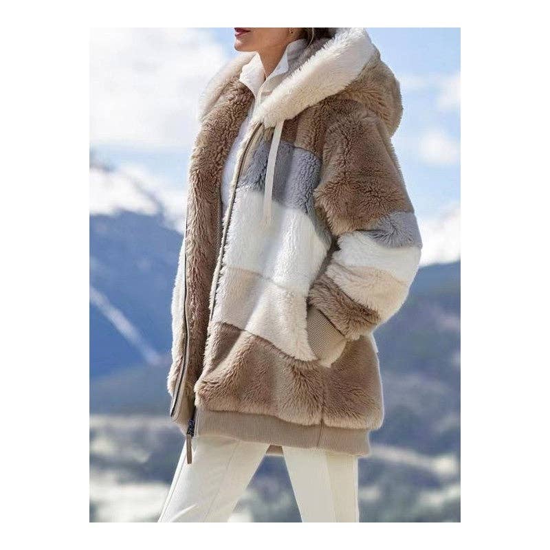 Ekartini - Vendita all'ingrosso Pelliccia/Pelliccia sintetica - Donna - Giacca invernale da donna alla moda in peluche patchwork con tasca con cerniera Giacca invernale con cappuccio Cappotto a maniche lunghe allentato retrò3