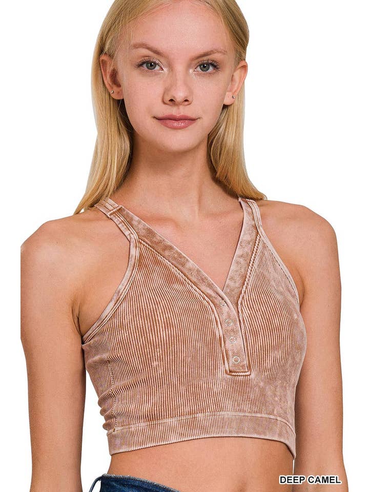 Vanilla Monkey - Wholesale Tank Top - Women's - Washed Ribbed Cropped Button V-neck Tank Top