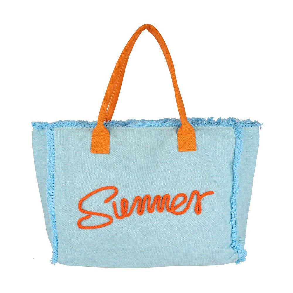 Sensibling Corp. - Venta al por mayor Bolsa de asa- Mujer - Bolso de playa de lona con flecos y mensaje bordado SUMMER7