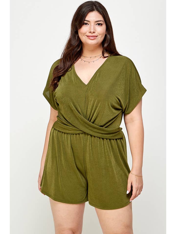 Haute Fox Plus Size & Contemporary - Wholesale Romper - Women's - Plus Size Slinky Draped Romper - KY18100-RP2