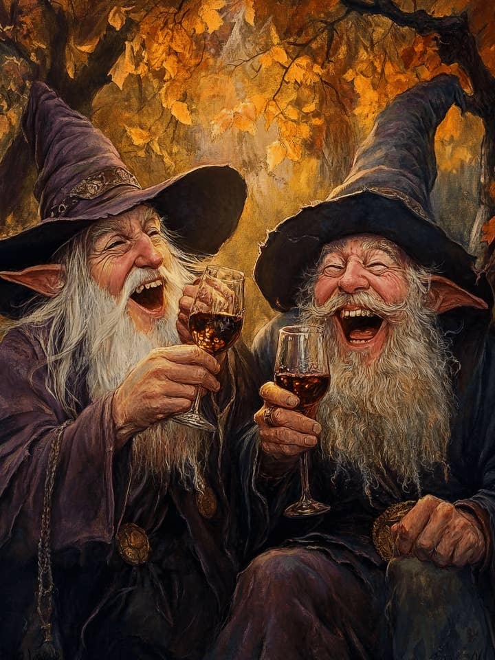 Two Wizards Laugh Over Glasses of Vino - Wine Wall Art Prints – 8″x10″ Artwork for 11″x14″ Frame for wholesale by Mowbi