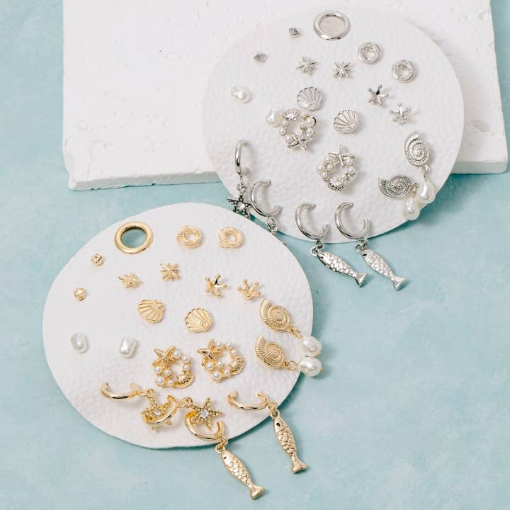 Ensemble de 10 paires de boucles d'oreilles clous assorties en forme de vie marine pour la vente par Fame Accessories