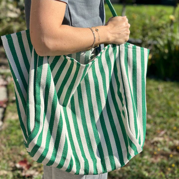 Green & Cream Striped Tote Bag, Large Shoulder Bag, Beach Bag, Summer Market Bag, Casual Everyday Tote, Travel Bag, Boho Striped Handbag, Gift for Her (Copy) (Copy) for wholesale by Plant Scouts