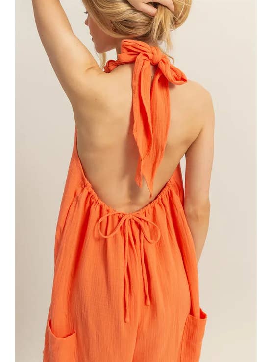 BJ's Closets - Wholesale Jumpsuit - Women's - Cotton Halter Open Back With Drawstring Tie Wide Leg Loose 3